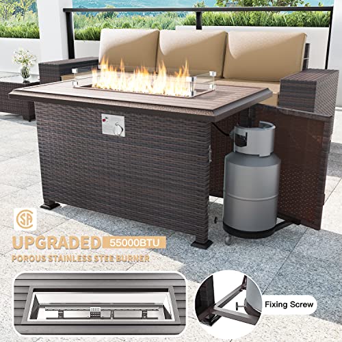 Kullavik 13PCS Outdoor Patio Furniture Set,PE Wicker Rattan Sectional Sofa Patio Conversation Sets with 43" 55000BTU Gas Propane Fire Pit Table,Swivel Rocking Chairs Set,Sand