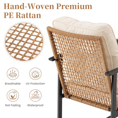 COSIEST 3-Piece Outdoor Rocking Chairs Bistro Set, Rattan Patio Furniture with Thick Warm Beige Cushions & 2-Tier Storage Coffee Table for Garden, Porch, Balcony,Backyard
