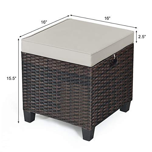 RELAX4LIFE 2-Piece Patio Ottoman Set - Wicker Footstools, All Weather PE Rattan Ottoman with Removable Cushions, Square Footrest Seat, Outdoor Stools for Garden, Porch, Pouf Ottoman (Brown)
