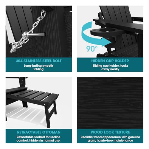 THOEOE Folding Adjustable Adirondack Chairs with Ottoman & 1 Cup Holders, HDEP Multifunctional Adirondack Chair with Footrest,Black