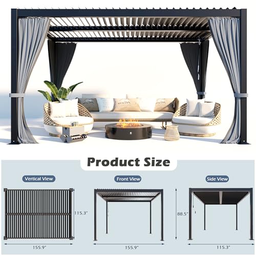 TXGDPIONEER Outdoor Louvered Pergola 10'×13',Aluminum Frame with Adjustable Louvered Roof and Screen,Metal Hard Top Pergola with Waterproof Curtains and Nets for Patio,Backyard,Deck,Grey