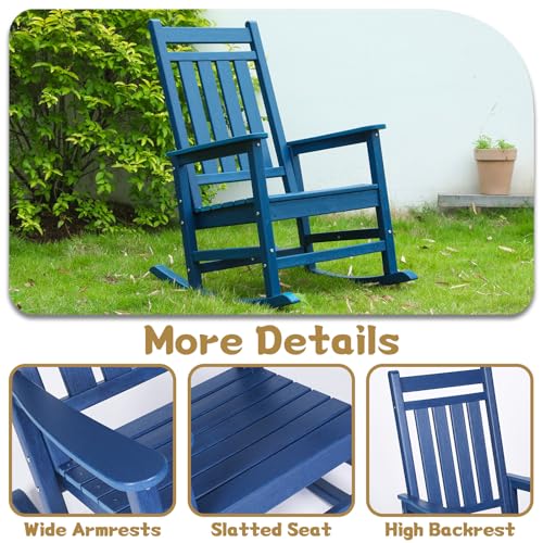 Oversized Outdoor Rocking Chair with Ergonomic Backrest, HDPE Patio Racking Chairs for Front Porch Outside All Weather, 300 LBS Capacity (Single, Navy Blue)