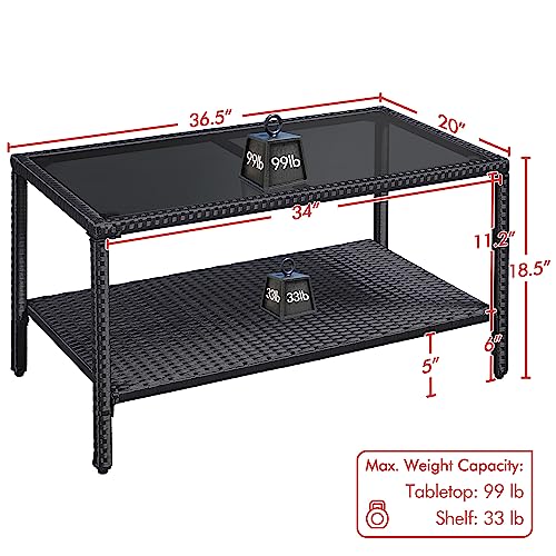 Yaheetech Outdoor Wicker Coffee Side Table, All-Weather Rattan Patio Storage Furniture with Tempered Glass Top for Garden, Black