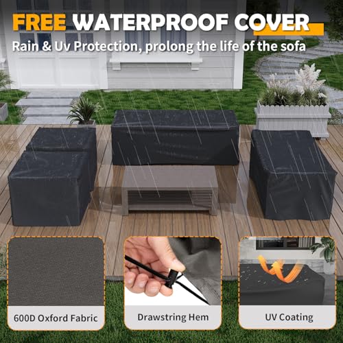 Amopatio Aluminum Patio Furniture Set, 8 Pieces Modern Metal Outdoor Furniture, Faux Wood Grain Finish Frame Patio Sofa Sets with 6" Cushion for Backyard, Beige (Included Waterproof Covers)