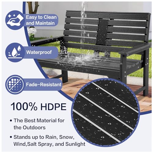 KULAMOON Outdoor Bench Weatherproof - HDPE 2-Person Garden Bench with Cup Holders, Bench Furniture with Backrest and Armrests, 700 lbs Capacity, Patio Park Bench for Front Porch Backyard Park (Black)