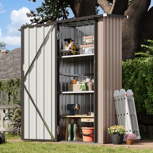 Aoxun Outdoor Storage Cabinet Shed - Vertical Cabinet with Floor, 2 Adjustable Shelves & Lockable Doors, Waterproof Small Tool Shed, for Backyard Garden Patio Lawn Indoor, Brown