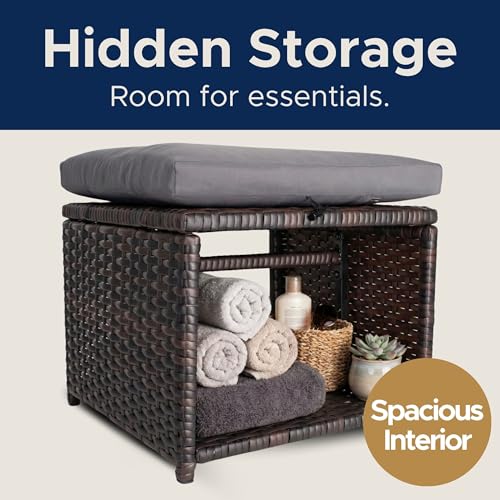 EZ Pro Goods Outdoor Storage Ottoman (Set of 2) - All-Weather Wicker Patio Footstool with Washable Cushions - Sturdy Rattan Foot Rest & Hidden Box for Deck, Porch, Backyard & Balcony