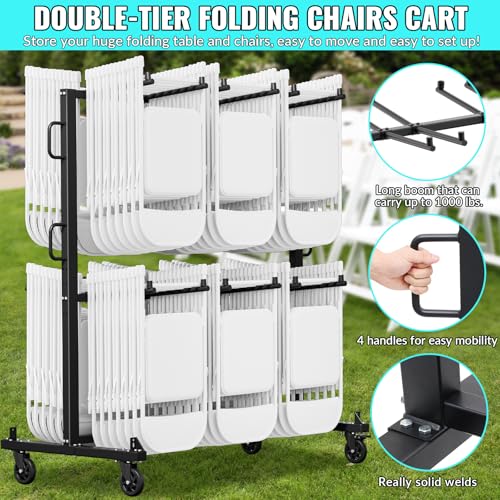 Folding Chair Rack- Heavy Duty Folding Chair Cart with Swivel Wheels, 84 Chairs or 42 Chairs and 12 Table,1000lbs Weight Capacity, with Outdoor Cover and 2 Binding Ropes 2 Rubber Locking Wheels
