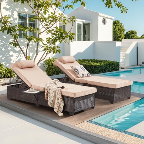 Yalissey Outdoor Lounge Chairs, Pool Lounge Chairs Set of 2, Outdoor Chaise Lounge with Adjustable Backrest & Cup Holder,Khaki Cushion