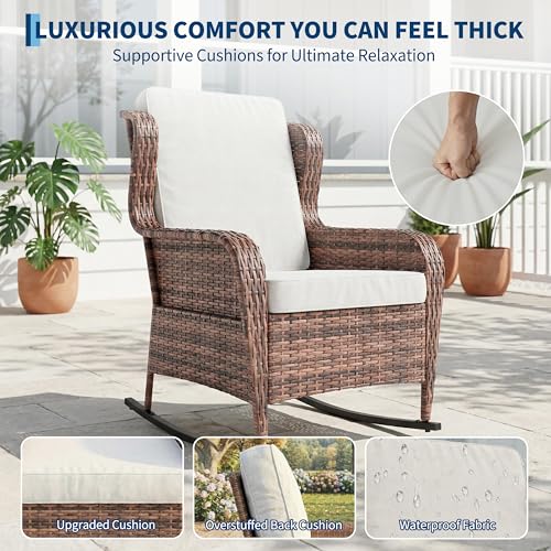 GarveeTech Outdoor Wicker Rocking Chair with Cushions, All-Weather Patio Rocker, High Back Rattan Chair for Garden Porch Backyard (Brown Wicker, Beige Cushions)