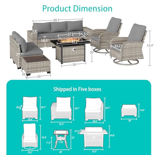 Muphyers 10-Piece Outdoor Patio Furniture Set with Rocking Swivel Chair, PE Wicker Rattan Sectional Sofa Patio Conversation Set with 55,000 BTU Fire Pit Table & Coffee Table, Grey