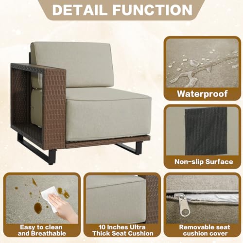 XTWEEX 6 Pieces Outdoor Patio Furniture Set, Rocker Chairs and Sofa with 10 inch Thick Cushions and Steel Frame and Wooden Board, PE Rattan Weaving Outdoor Conversation Set Brown/Light Gray Linen