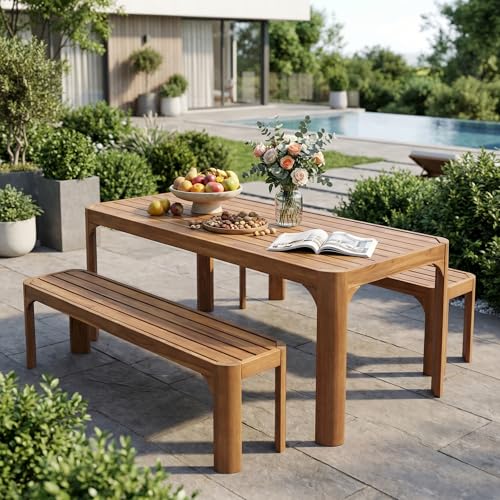 Christopher Knight Home Outdoor Dining Table Set with 2 Benches, 70" Acacia Wood Patio Table and Dual 57" Benches, Teak Finish Slatted Garden Furniture for Backyard Deck Seating 6-8 People