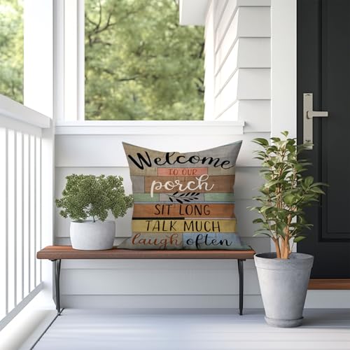 Jartinle Decorative Outdoor Pillow Covers Porch Rules Sign Farmhouse Throw Pillow Covers, Square Linen Patio Cushion Cases for Couch Bench Seat Chair Car 18x18 Inch