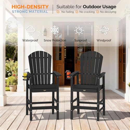 VINGLI Tall Adirondack Chair, All-Weather Plastic Adirondack Chair with Cup Holder Heavy-Duty Outdoor Barstools for Patio, Pool, Balcony,Backyard (Black, 1 PCS)