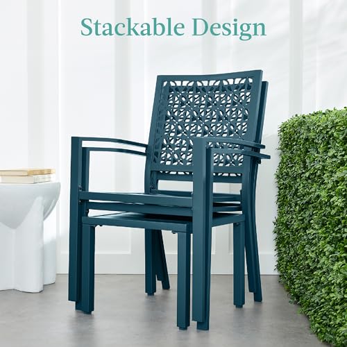 Best Choice Products 3-Piece Outdoor Bistro Set, Stackable Modern Steel Furniture for Porch, Garden w/ 2 Chairs, Table, Geometric Decor - Peacock Blue