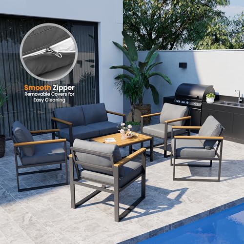 Pamapic 6 Pieces Outdoor Patio Furniture Set, Modern Metal Balcony Furniture with Plastic-Wood Coffee Table, All-Weather Patio Conversation Set with Thick Cushion for Balcony, Porch, Gray