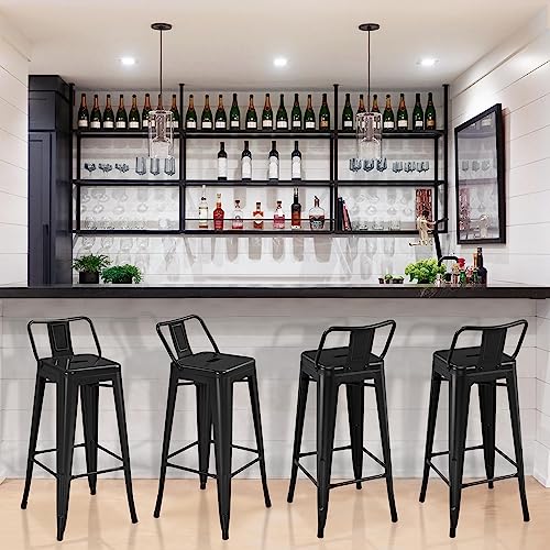 Yaheetech Bar Stools Set of 4, Metal Counter Height Chairs, 30 Inch Industrial Kitchen Stools with Backrest and Footrest for Indoor/Outdoor, Matte Black