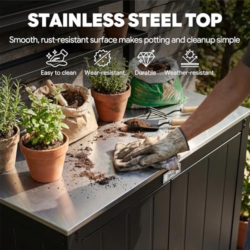 Feasto Outdoor Potting Bench Table with Storage Cabinet, Stainless Steel Garden Workstation, Raised-Edge Top, Adjustable Shelf & Removable Hutch for Patio, Balcony & Outdoor Workspace, Black