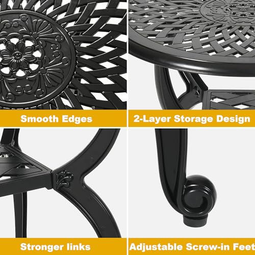 WILOUNGE Cast Aluminum Outdoor Side Table,Small Patio Table,Outdoor Coffee Tables for Patio,Garden,Balcony, for All Weather (Black, Round)