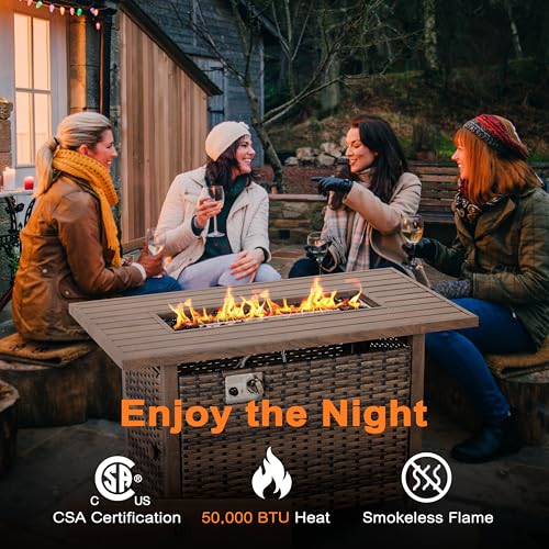 Nuu Garden 43 Inch Propane Fire Pit Table CSA Listed 50000 BTU Gas Fire Pit with Lid Glass Wind Guard Fire Glass Beads 2 in 1 Rectangular Outdoor Fire Table for Backyard Patio Brown