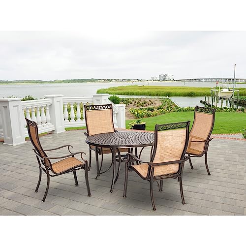 Hanover Manor 5-Piece Outdoor Dining Set with 4 PVC Sling Dining Chairs and Aluminum 48" Round Dining Table, Rust-Resistant Aluminum, All-Weather Patio Dining Set for 4