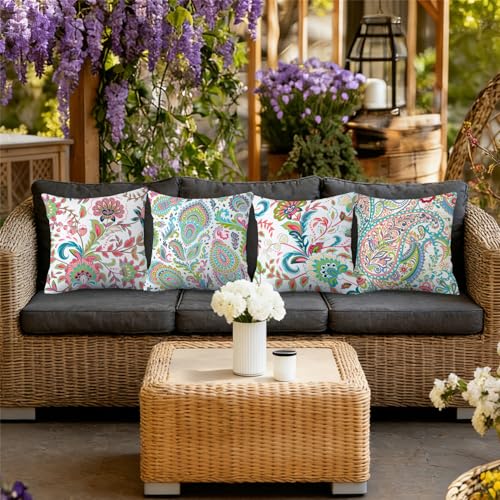 NIGHTWISH Outdoor Waterproof Pillow Covers 18x18 Set of 4 Spring Summer Floral Boho Decorative Outdoor Throw Pillows Paisley Cushion Cases for Patio Furniture Bench Couch Sunbrella