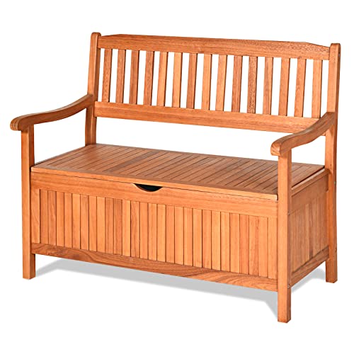 S AFSTAR Outdoor Patio Bench with Storage Box, 33 Gallon Storage Bench Deck Box with Dustproof Liner, Comfort Backrest & Wide Armrest, 800 lbs Capacity, Wood Bench for Garden Patio Park Porch