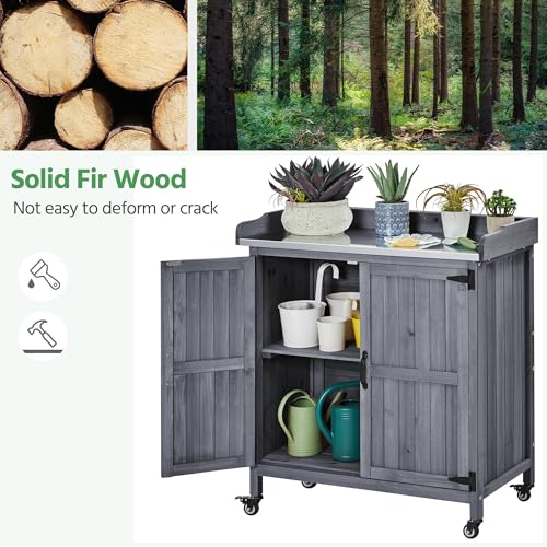 Yaheetech Garden Potting Bench Table, Outdoor Garden Horticultural Wooden Storage Cabinet & Solid Wood Planting Work Bench with Large Space Storage & Metal-Plated Tabletop, Gray