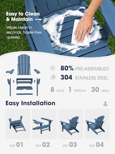 KINGYES Adjustable Folding Adirondack Chair with Footrest & 4-in-1 Multi-Functional Armrest Organizer, HDPE Foldable Recliner Adirondack Chair with Pull-Out Ottoman, Blue