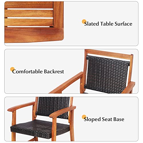 Tangkula 3-Piece Patio Acacia Wood Bistro Set, Patiojoy Outdoor Furniture Set with 2 Chairs & Side Table, Weather Resistant Rattan Garden Conversation Chair Set for Pool Side, Deck, Balcony
