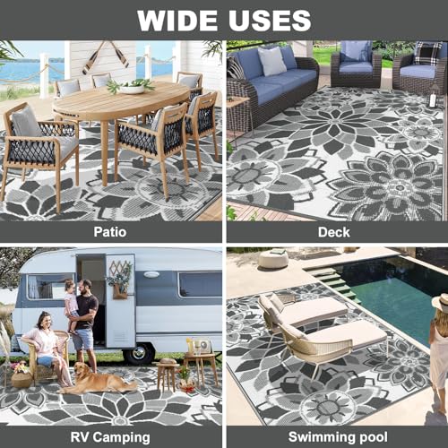 LOKHOM Outdoor Rug for Patio 6x9 ft Reversible Plastic Straw Patio Camping Rug, Floral Waterproof RV Mat for Camper Indoor Outdoor Carpet for Deck Porch Picnic Beach Balcony Backyard, Grey & White