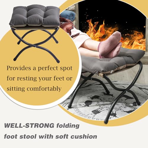 WELL-STRONG 15" Foldable Foot Stool Ottoman with Metal Frame - Washable Dark Grey Upholstered Indoor/Outdoor Footrest for Living Room, Bedroom, Patio - Space-Saving Compact Design