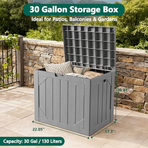 MAKE CHANGES Outdoor Storage Box,30 Gallon Deck Box Outdoor Storage Bench Outside Waterproof Resin Storage Bench, Lockable Patio Cushions, Garden Tools Storage For Furniture, UV Resistant(Gray