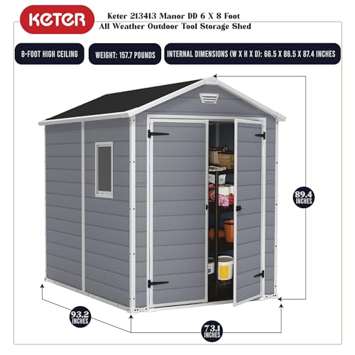 Keter Manor 6x8 Foot All Weather Garden Tool Outdoor Storage Shed with Lockable Double Doors, Fixed Window and Wood-look Resin Walls, Grey