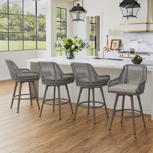 Cozyman Outdoor Bar Stools Set of 4, 360° Swivel Aluminum Rattan Bar Stool with Olefin Rope Curved Backrest and Armrest, Modern Barstools with Removable Cushion for Patio, Garden, Kitchen, Grey