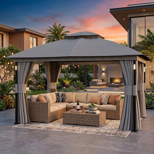 Covered Outdoor Patio Gazebo 11'x13' with LED Lights & Bluetooth Speaker, Heavy Duty Outdoor Canopy Shelter with Metal Frame, Double Roofs, Soft Top Gazebo with Netting and Curtains for Backyard, Gray