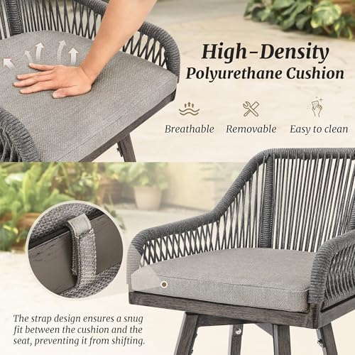 Cozyman Outdoor Bar Stools Set of 4, 360° Swivel Aluminum Rattan Bar Stool with Olefin Rope Curved Backrest and Armrest, Modern Barstools with Removable Cushion for Patio, Garden, Kitchen, Grey