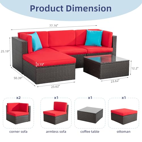 Vongrasig 5 Pieces Small Patio Furniture Sets, All-Weather Outdoor Sectional Patio Sofa Wicker Rattan Patio Seating Sofas with Cushion and Glass Table (Red)