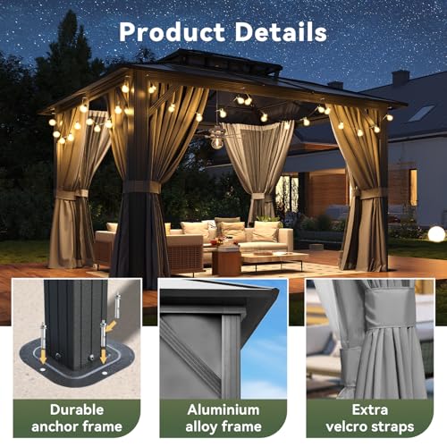Breezestival 10'x12' Hardtop Gazebo Outdoor Permanent Gazebo with Double Polycarbonate Roof Canopy, Aluminum Frame Permanent Pavilion with Curtains and Netting for Patio,Garden,Lawns