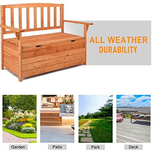 Outvita Outdoor Wood Storage Bench, Wooden Large Deck Box with Seating & Armrest, Waterproof Patio Organizer Loveseat for Garden Porch Deck Backyard Poolside, Natural