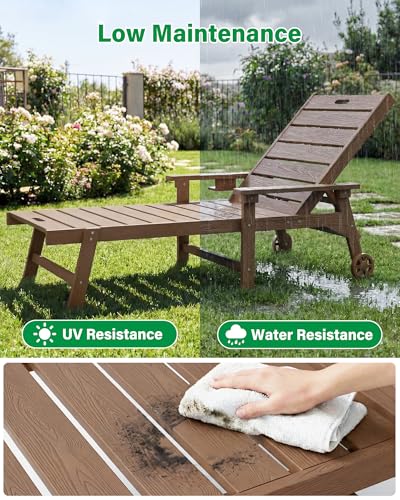 YEFU Lounge Chair Outdoor Set of 2: Outdoor Chaise Lounge with 5-Level Adjustable Backrest, Cup Holders & Wheels, All-Weather Resistance Chaise Lounge for Outside/Patio/Beach/Deck, Teak