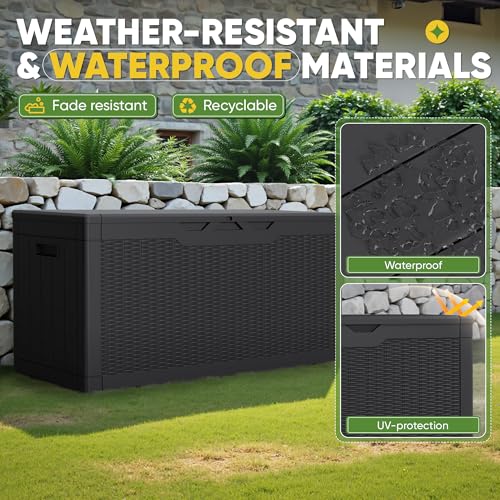 Greesum Outdoor Storage Box 100 Gallon Storage Bin with Lid for Patio Furniture, Garden Tools, Pool Supplies, Lockable, Waterproof and UV Resistant, Black
