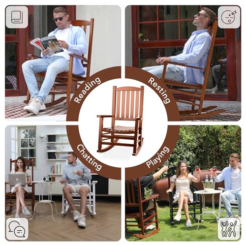 Besunbar Wooden Outdoor Rocking Chair, Oversized Patio Rocking Chair w/400lbs Support & High Backrest | Porch, Lawn, Garden, Backyard，Natural