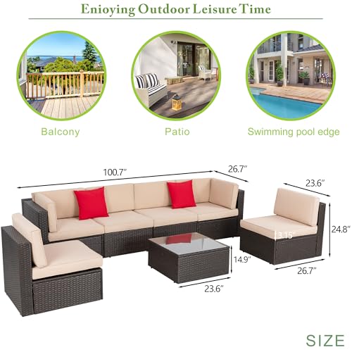 Vongrasig 8 Pieces Patio Furniture Set with 43" Fire Pit, Outdoor Couch Sectional Set, Small Conversation Set, 50,000 BTU Gas Fire Pit Propane Fire Table with Lid, Beige
