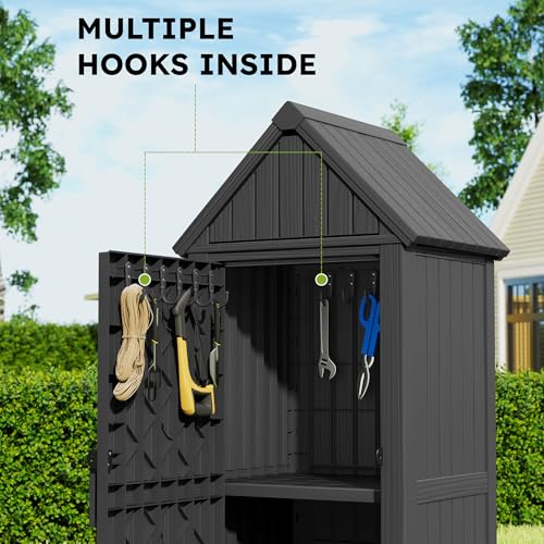WTFGO Vertical Outdoor Storage Shed, Waterproof Resin Outdoor Storage Cabinet with Removable Shelves & 12 Hooks, Lockable Small Tool Shed for Garden, Backyard, Patio, Pool, Black