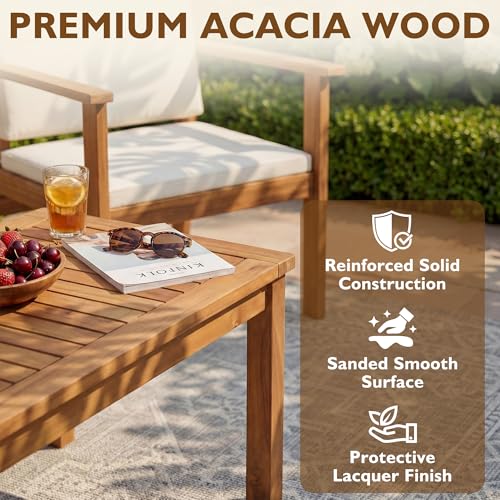 Devoko Patio Furniture 4 Piece Acacia Wood Outdoor Conversation Sofa Set with Table & Cushions Porch Chairs for Garden, Deck, Backyard, Natural