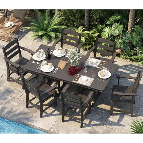 HOPUBUY 7 Pieces Patio Dining Set for 6, 71" HDPE All-Weather Patio Table and Chairs Set with Umbrella Hole, Durable Outdoor Furniture Set for Garden, Backyard, Lawn & Poolside (Black)