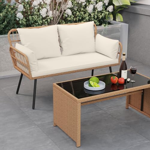 Tangkula Patio Wicker Loveseat, Outdoor 2-Seater PE Rattan Sofa with Pillows, Cushions, Metal Frame & Adjustable Foot Pads, 800 lbs Outside Couch for Porch, Backyard & Poolside (Off White, 50.5" L)