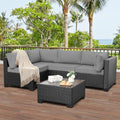 WAROOM Outdoor 5 Piece Patio Furniture Set, Black Rattan Conversation Couch Resin Wicker Sectional Sofa Outside Chair with Coffee Table, Grey Cushion
